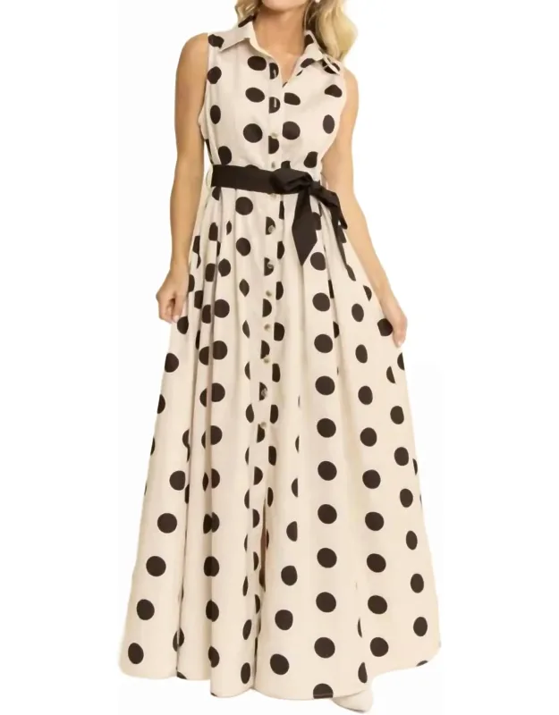 Polka Dot Button Down Belted Sleeveless Shirt Dress