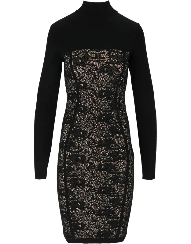 Lace Panel Fitted Knit Day Dress