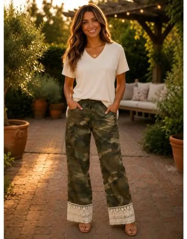Camo Cargo Pants With Lace Hem