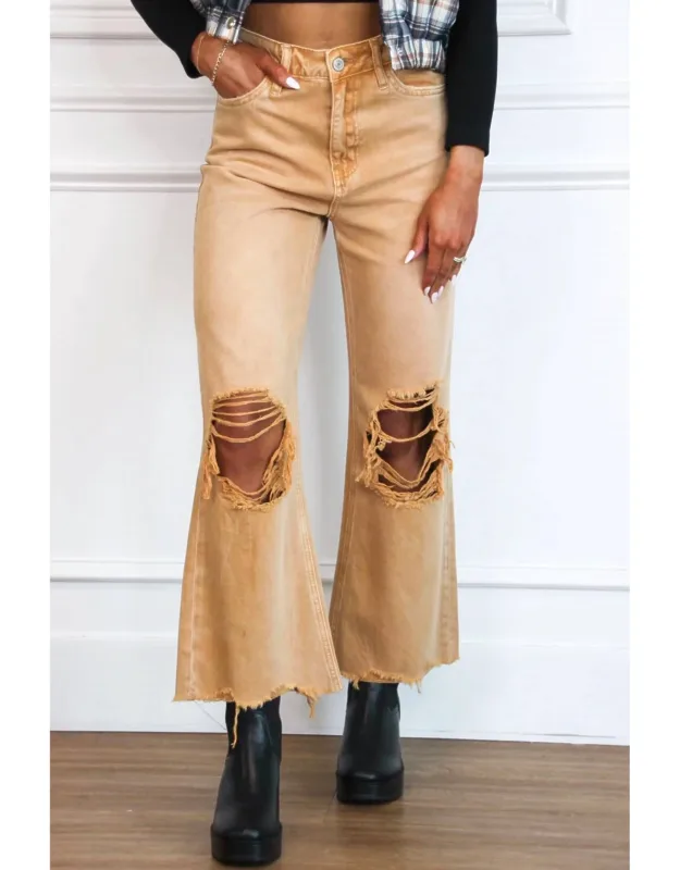 Distressed High Waisted Crop Flare Jeans