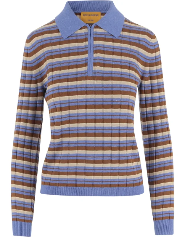 Striped Silk-linen Zip Polo Sweater