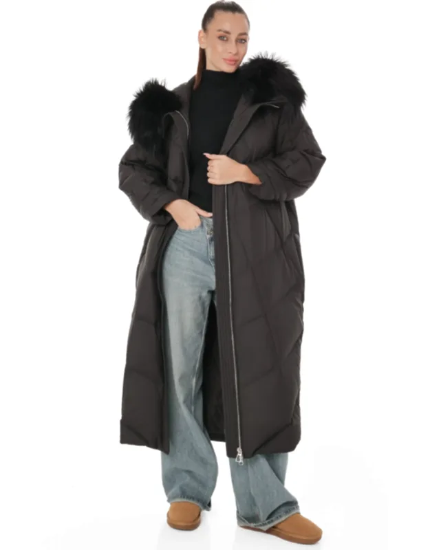Genuine Silver Fox Fur Trim Down Coat