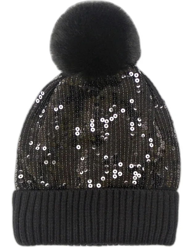 Sequin Embellished Pom Pom Beanie