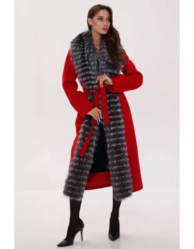 Genuine Silver Fox Virgin Wool Wrap Coat