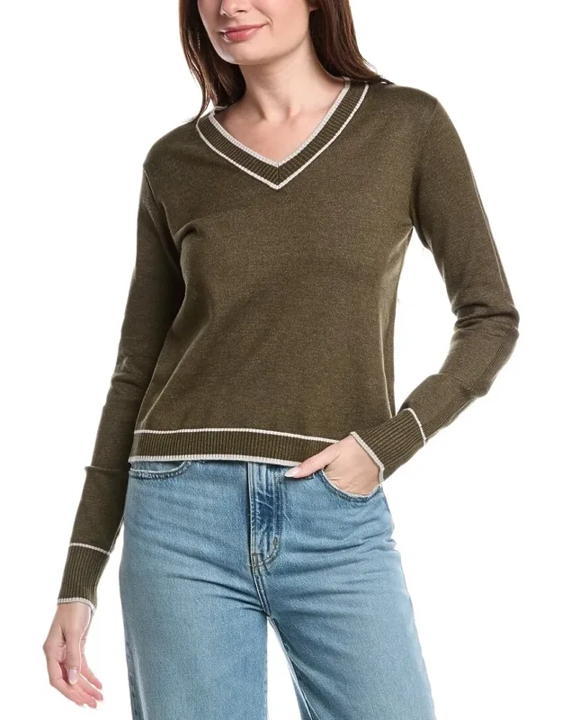 Stipe Trim V-neck Sweater