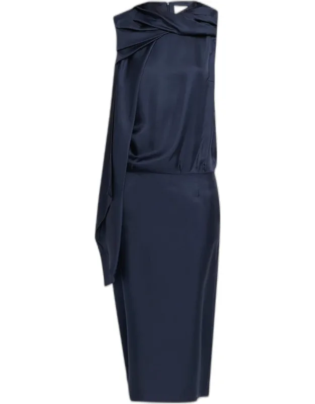 Draped Cape Silk Midi Dress