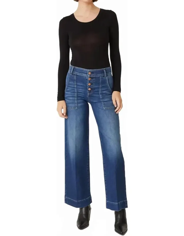 Exposed Button Wide Leg Jeans