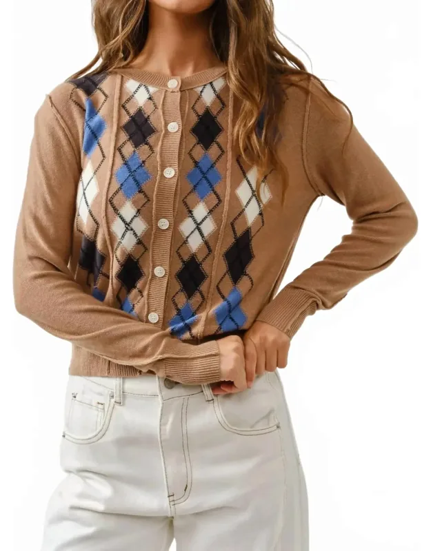 Relaxed Fit Argyle Sweater Cardigan