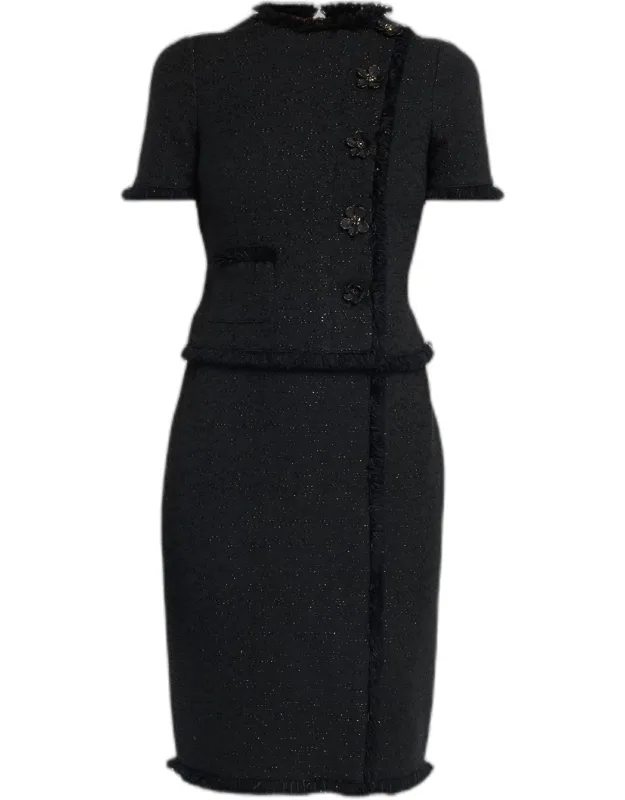 Fringed Floral Applique Tweed Dress