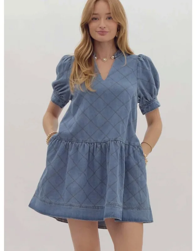 Denim Quilted Look Mini Dress
