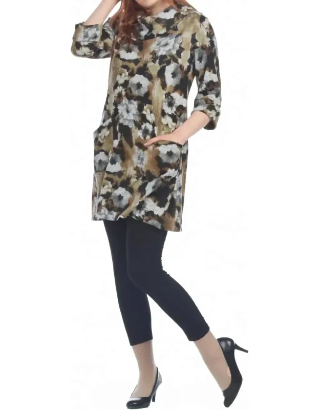 Floral 3/4 Sleeve Dress With Foldover Collar