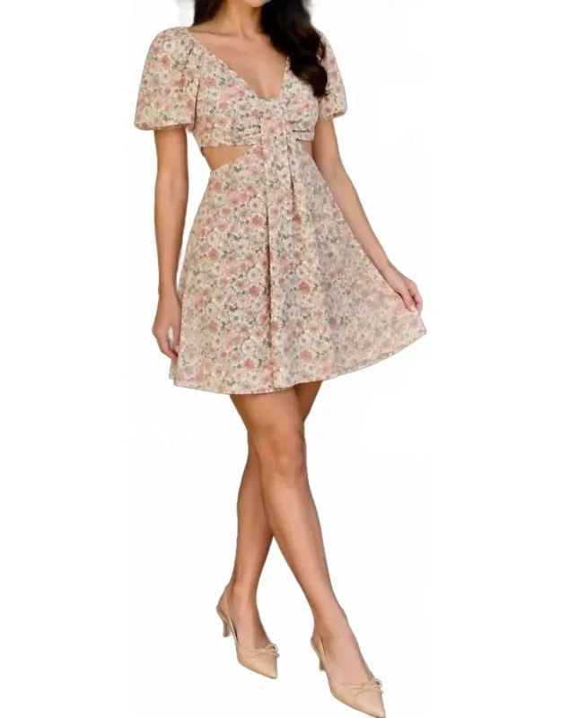 Floral Cutout Puff Sleeve Mini Dress