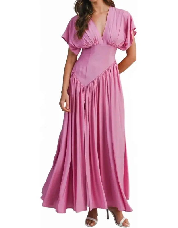 Peony Plunge Asymmetrical Puff Sleeve Maxi Dress