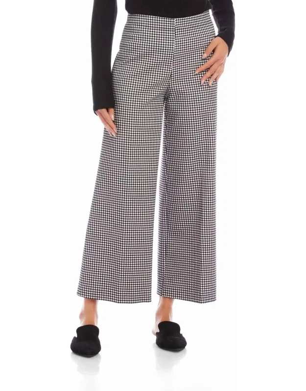 Cropped Wide-leg Pants With Elasticized Waistband And Checkered Pattern