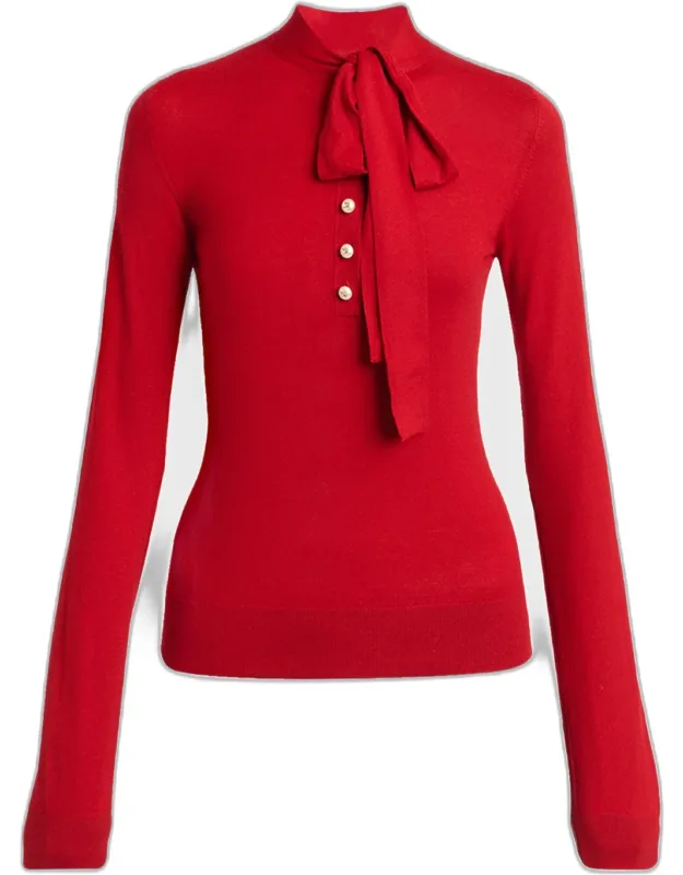 Bow Long-sleeve Buttoned Knit Top