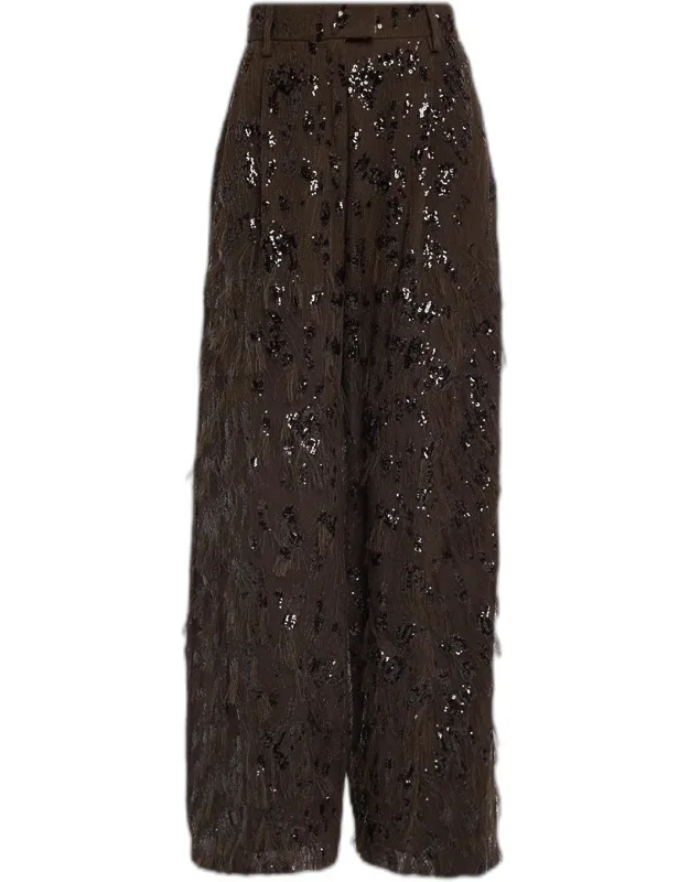 Animalier Sequined Fringe Silk Wide-leg Trousers