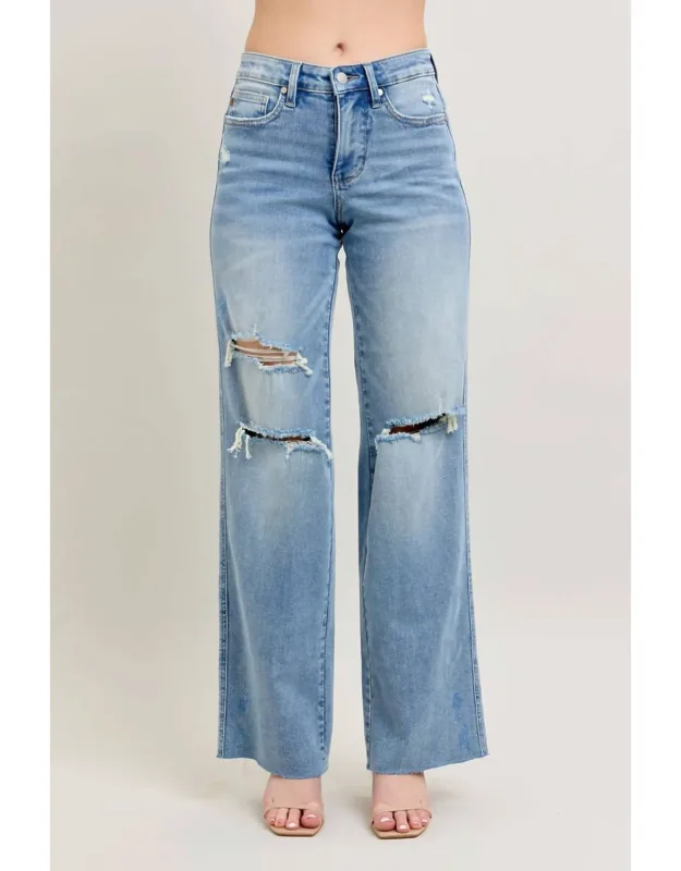 Mid-rise Tummy Control & Destroy Wide Leg Jeans