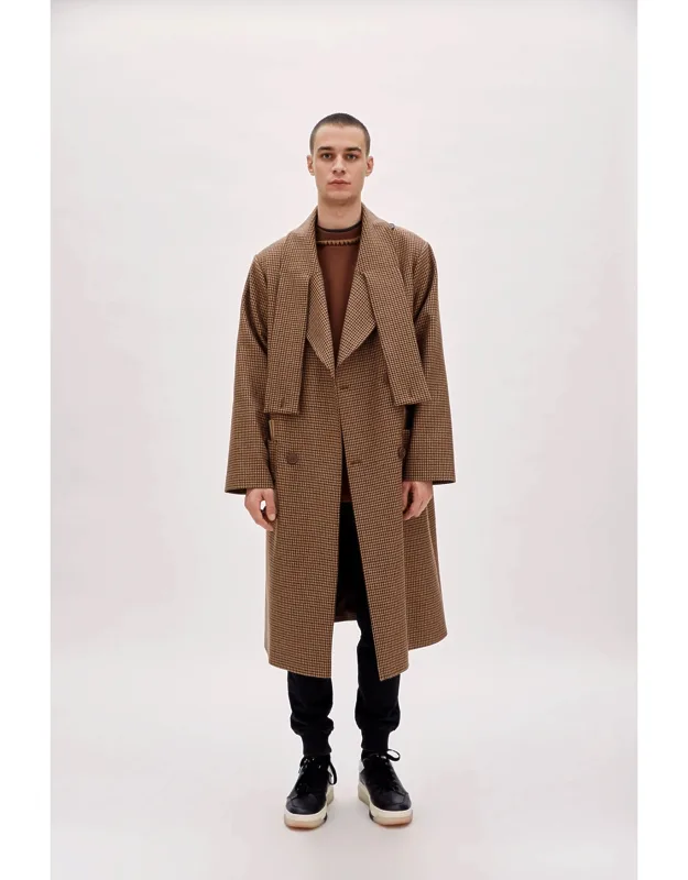Wool & Cashmere Blend Houndstooth Long Coat