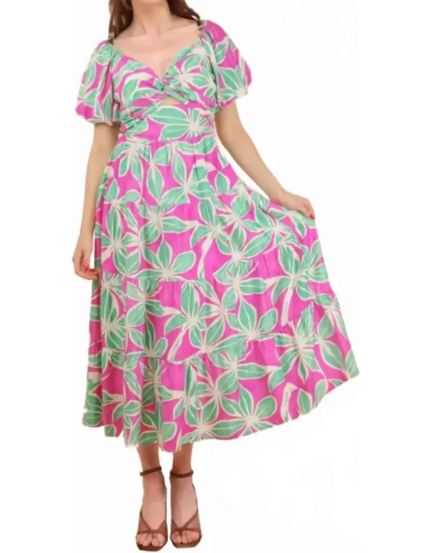 Floral Puff Sleeve Cutout Midi Dress