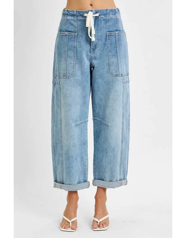 High Rise Crop Wide Barrel Cargo Pocket Cuffed Pants