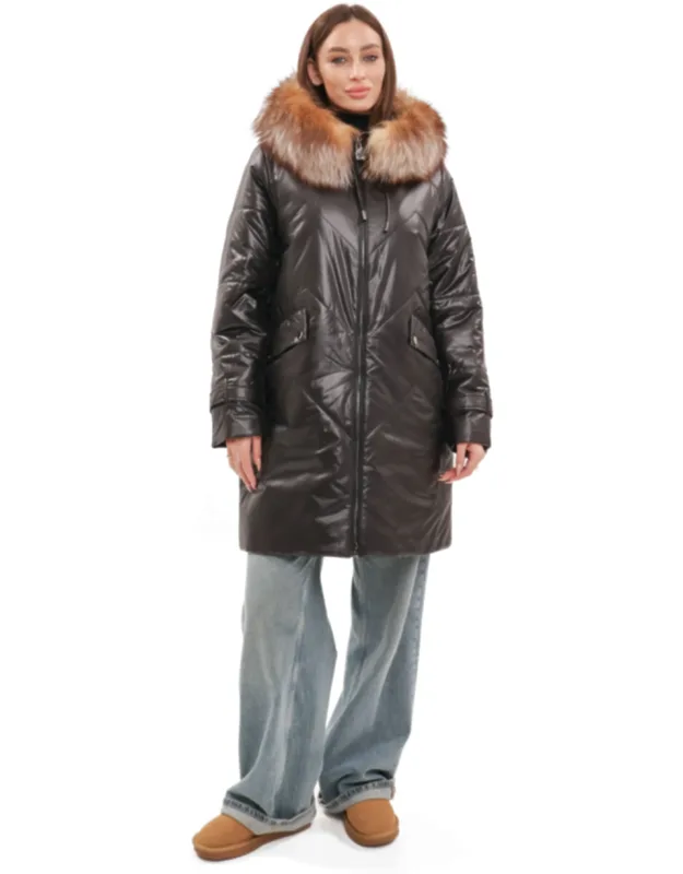 Genuine Fox Fur Trim Mid Length Coat