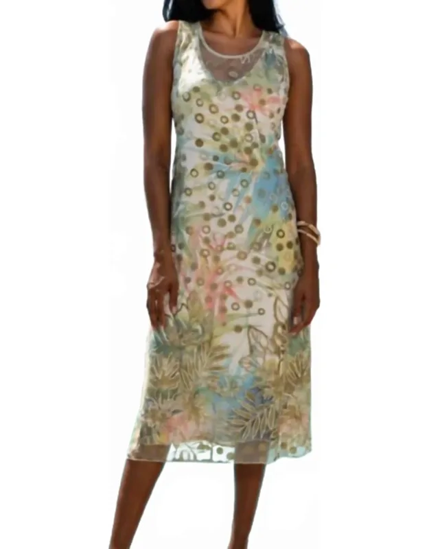 Tropical Print Dress With Embroidered Overlay