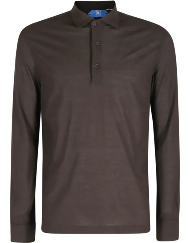 Mocha Buttoned Side Slits Cotton Long Sleeve Polo Shirt