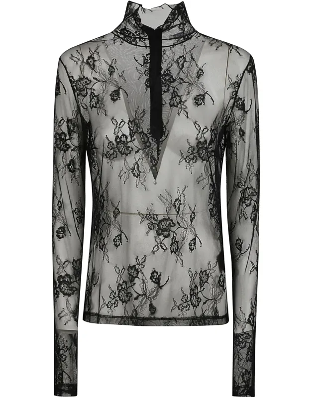 Sheer Lace Long Sleeve Turtleneck Sweater With Intricate Floral Patterns