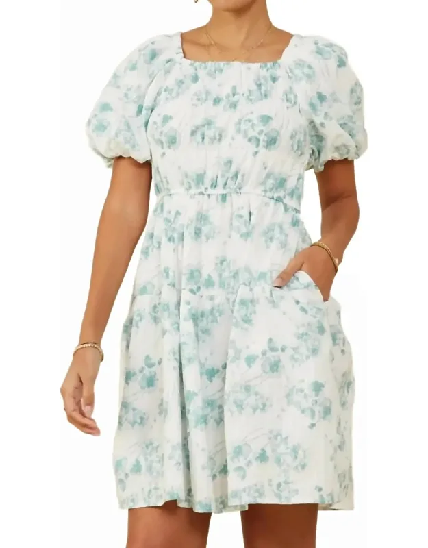 Textured Floral Puff Sleeve Self Tie Dress