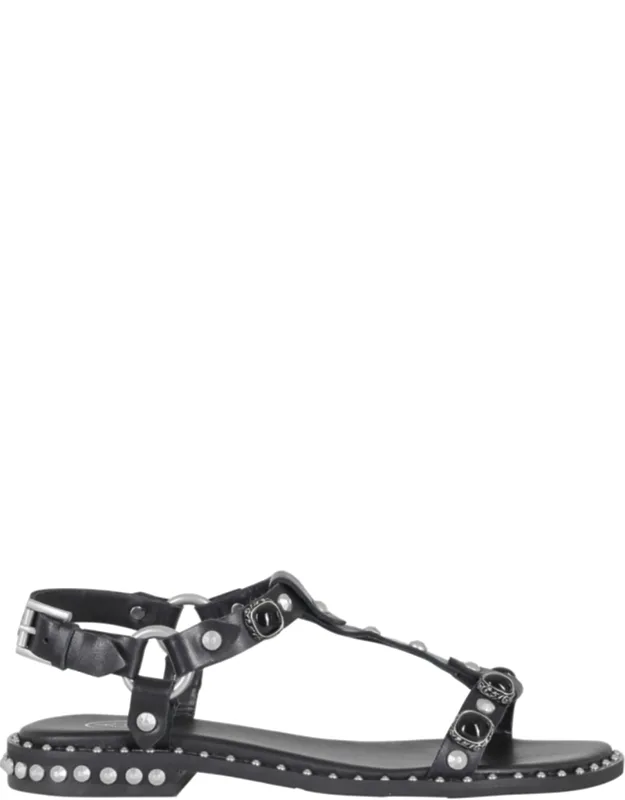 Podium Applied Studs Buckle Leather Flat Sandals