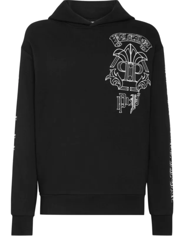 Hoodie Sweatshirt Gothic Banner With Rhinestoned Prints And Saffian Leather Badge