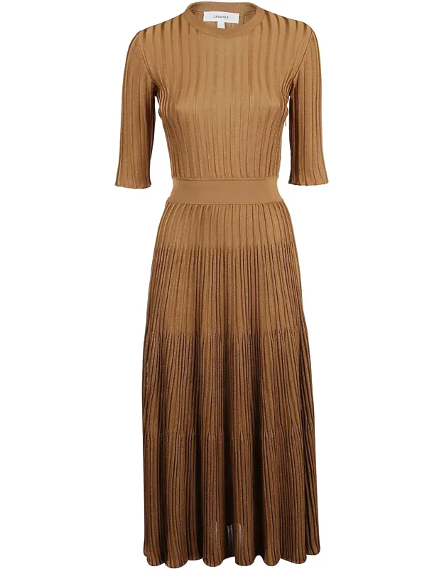 Ribbed Viscose Pleated Midi Dress