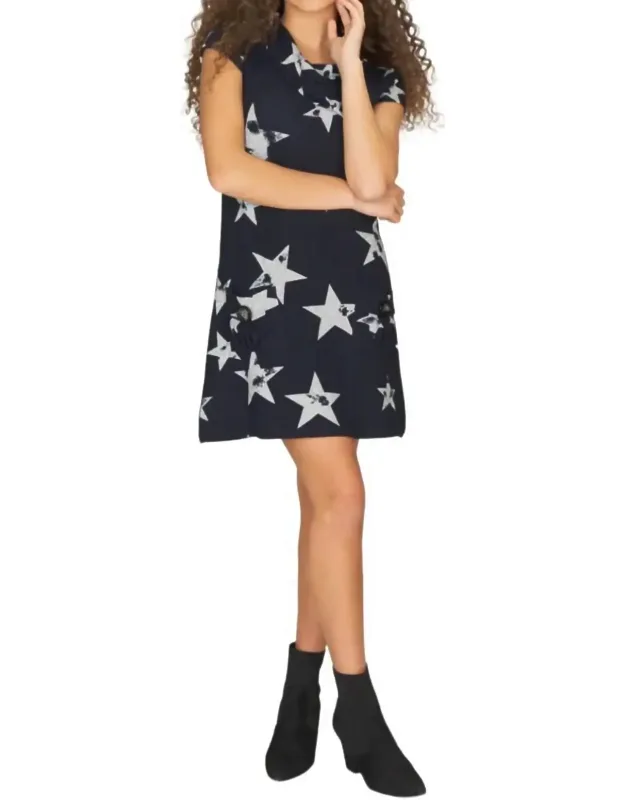 Star Print Dress With Foldover Collar