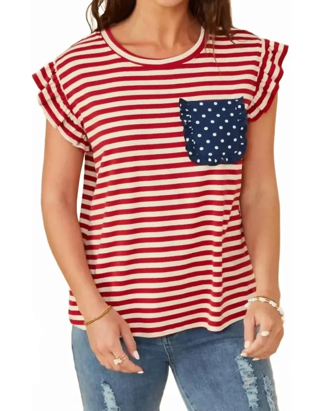 Star Pocket Striped Ruffled Knit Tank Top