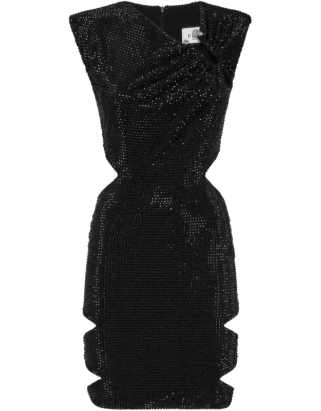 Mini Dress With Rhinestoned Stretch Polyester Jersey And Asymmetrical Neckline