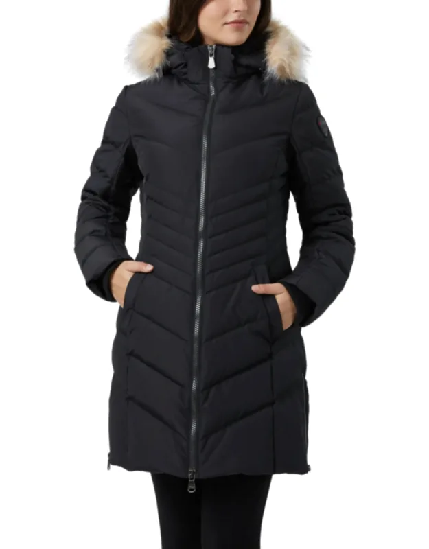 Queens Faux Fur Trim Chevron Quilt Mid Length Coat