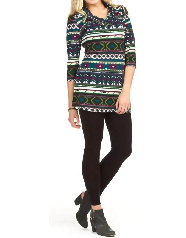 Global Print Cowl Neck Quarter Sleeve Dress
