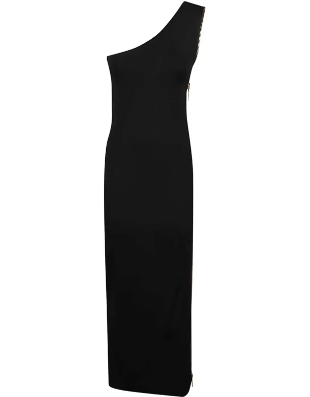 One-shoulder Midi Dress With Side Zipper Detail