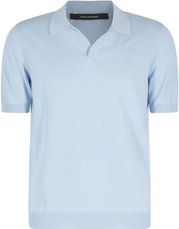 Light Blue Short Sleeve Ribbed Trim Cotton Polo Shirt