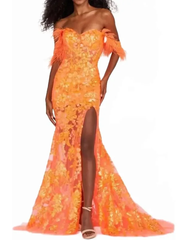 Feather-trim Off-shoulder Long Sequin Prom Dress