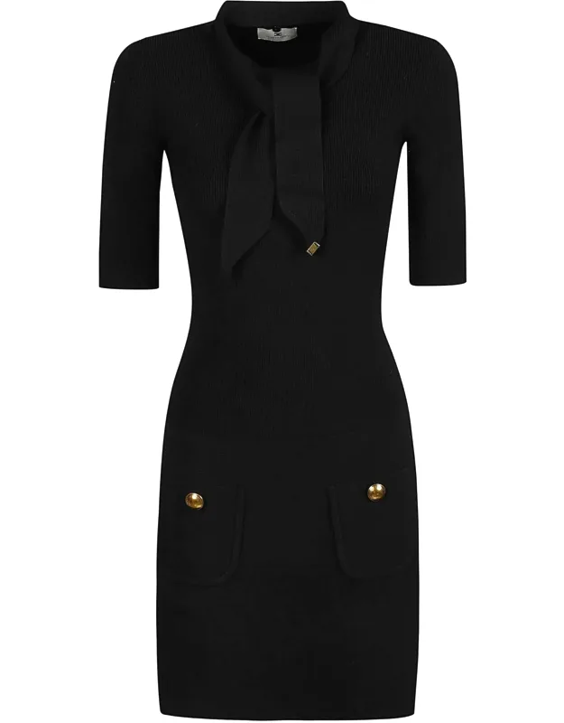 Fitted Mini Dress With Distinctive Neckline And Gold Accents