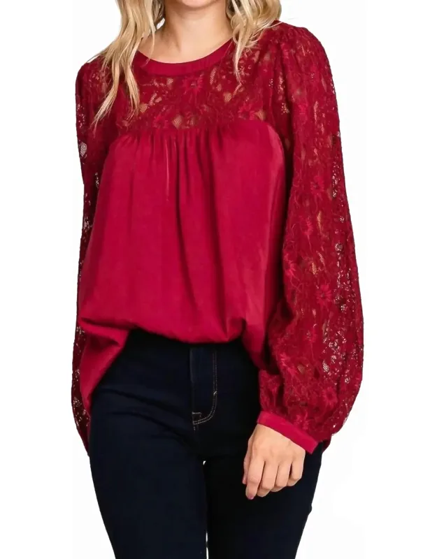 Soft Satin Blouse With Contrast Lace Neck
