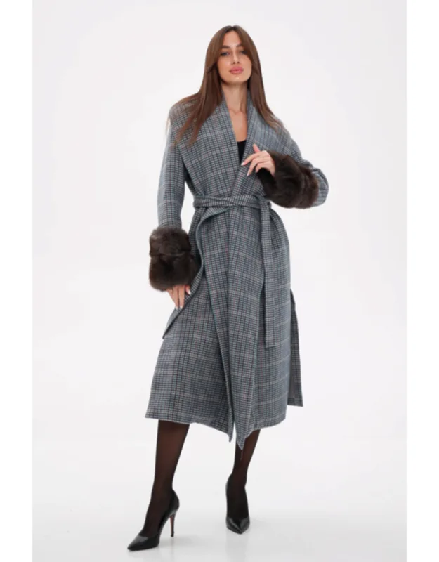 Genuine Polar Fox Fur Virgin Wool Wrap Coat