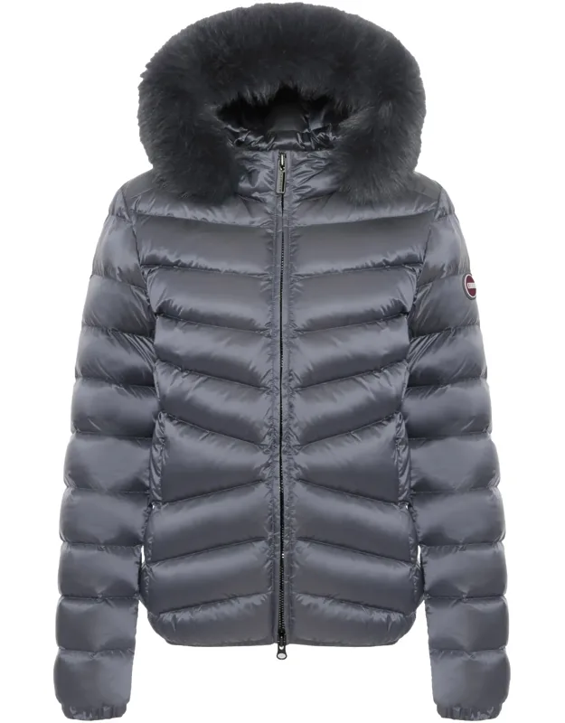Chevron Quilted Padded Down Coat With Detachable Faux Fur Hood