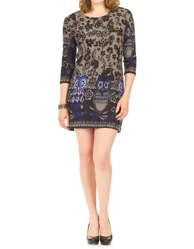 Owl Border Print 3/4 Sleeve Scoop Neck Dress