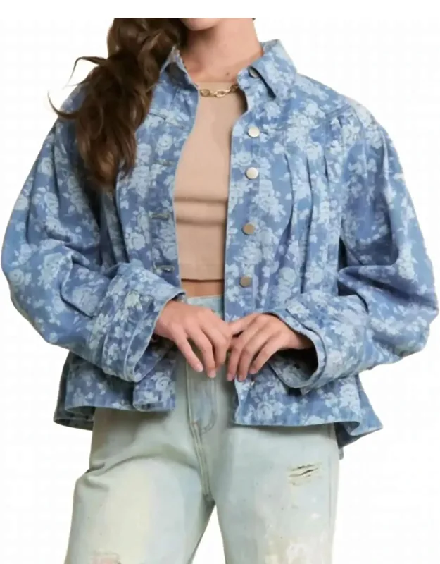 Floral Print Pleated Detail Button-down Denim Jacket