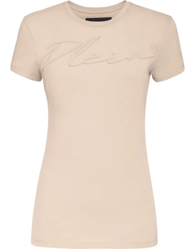 Satin T-shirt With Round Neck And Embroidered Signature