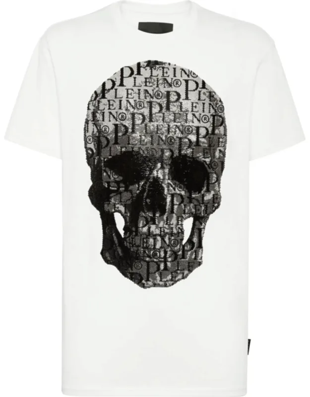 T-shirt With Round Neck And Skull Design With Crystals