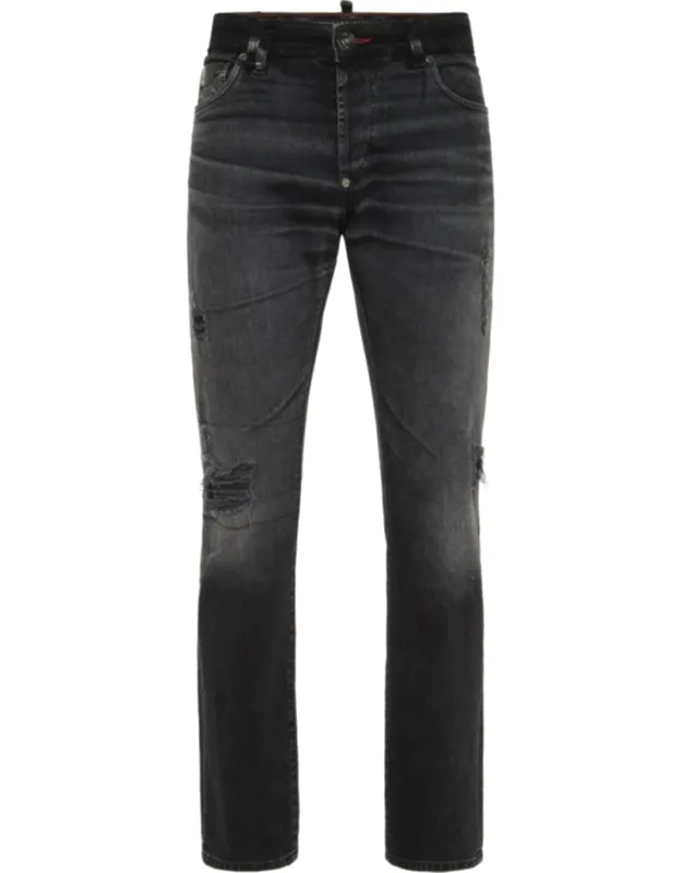 5-pocket Super Straight Cut Jeans With Rips And Used Effect Denim
