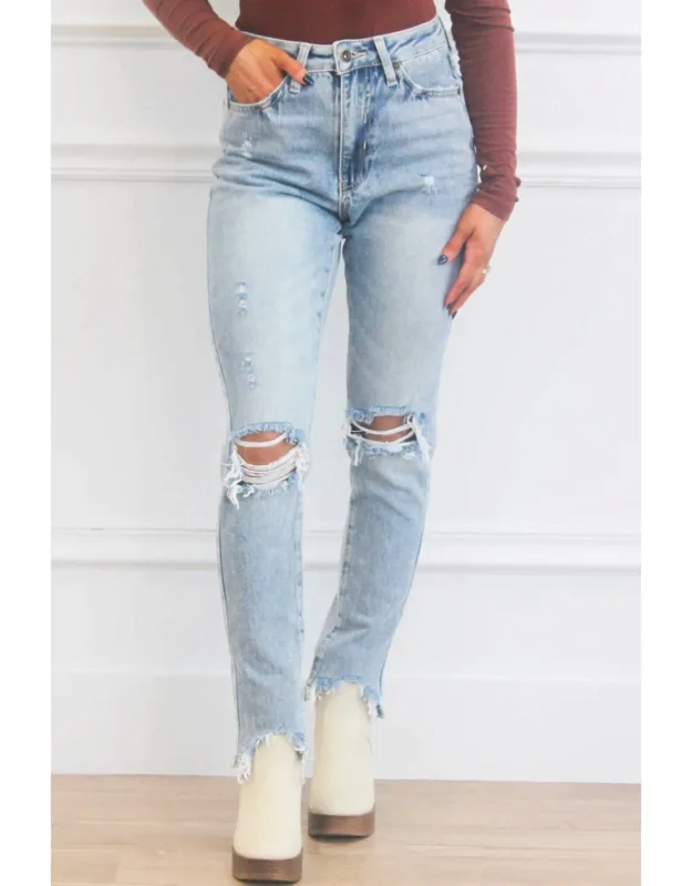 High Waisted Distressed Straight Jeans